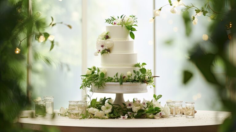 a white wedding cake with artful floral and green leaf decorations, elegantly placed on a white-wood backdrop. The open space provides room for adding meaningful text