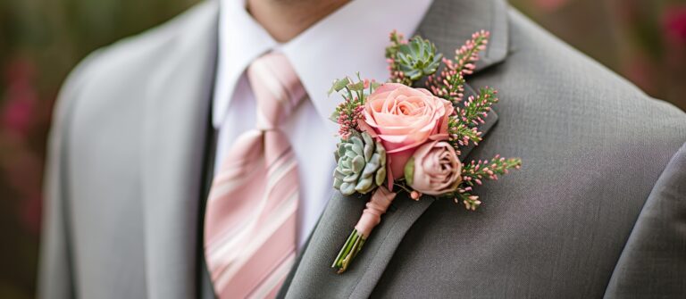 Photo of a man in gray suit, white shirt, pink tie with stripes, wearing boutonniere with pink flowers and succulent.