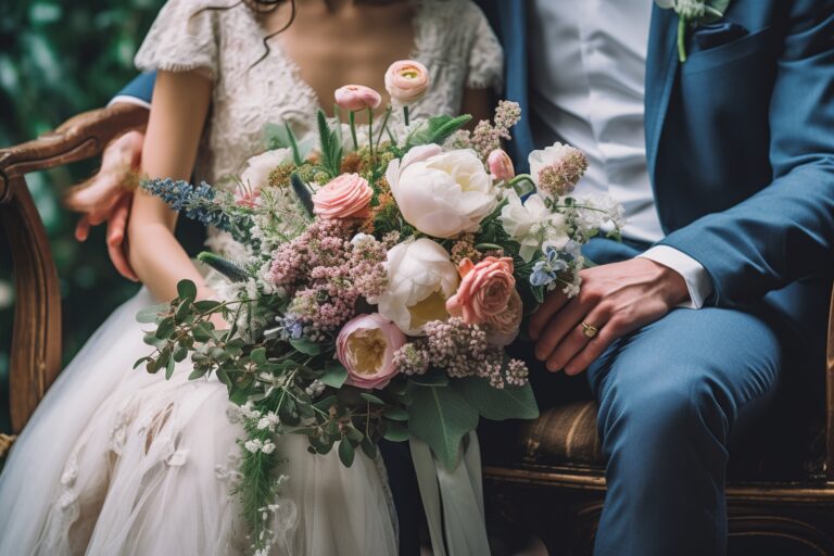 Bride and groom, in wedding attire, holding a detailed bouquet on an antique wooden chair.
