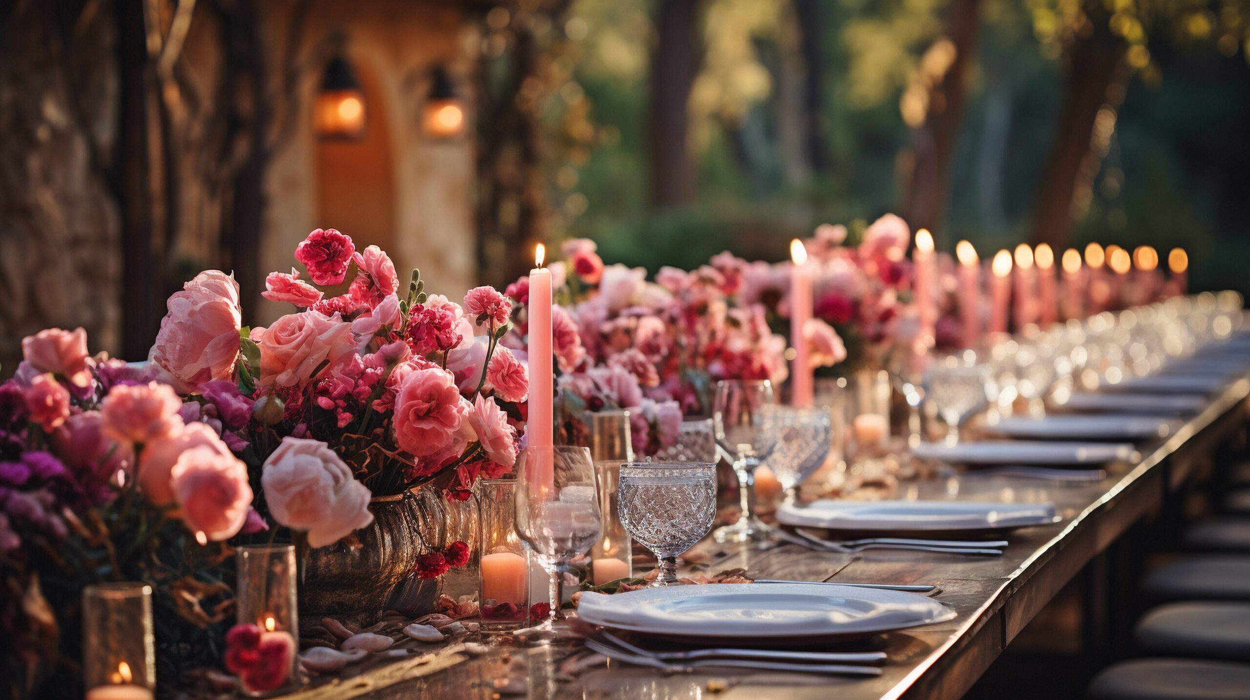 At the wedding reception, a garland made of pink flowers and eucalyptus rests on the table. Dinner in Italy