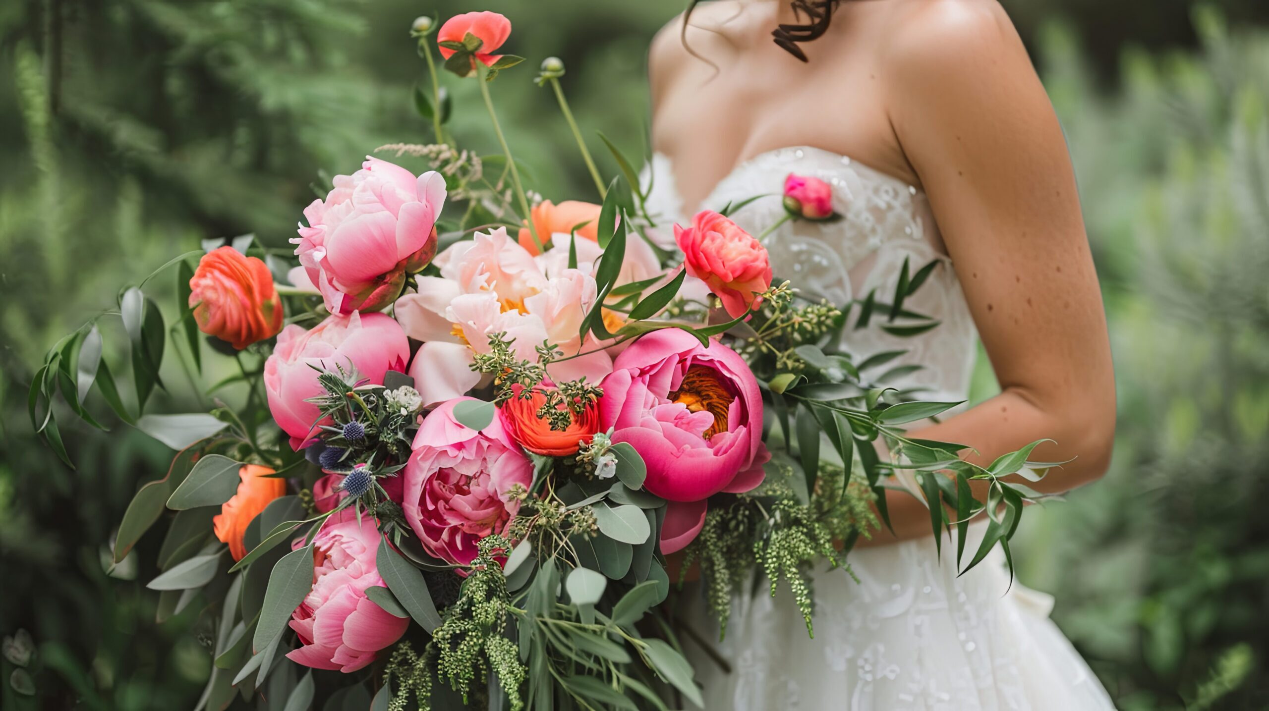 A bouquet of peonies in the hands of a gentle bride